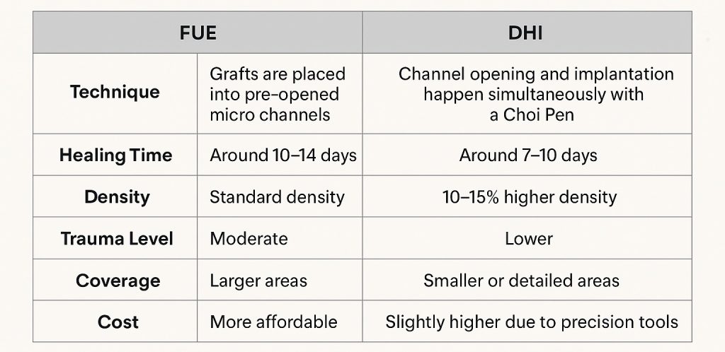fue vs dhi hair transplant differences comparison chart